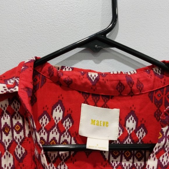 Anthropologie MAEVE Woodland Walk Geometric Aztec Red Button Up Blouse Size 8 - Picture 3 of 9